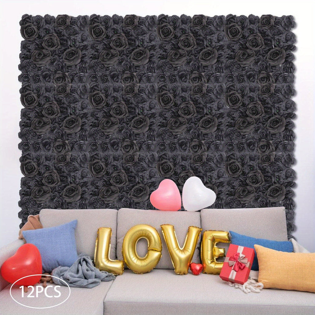 15" X 15" Black Rose Artificial Flower Wall Panels, 12pcs Artificial Flowers Decoration, Artificial Flower Wall Panel, Black Flowers Wall Rose Wall Background, 3D Floral Backdrop Wall Decor
