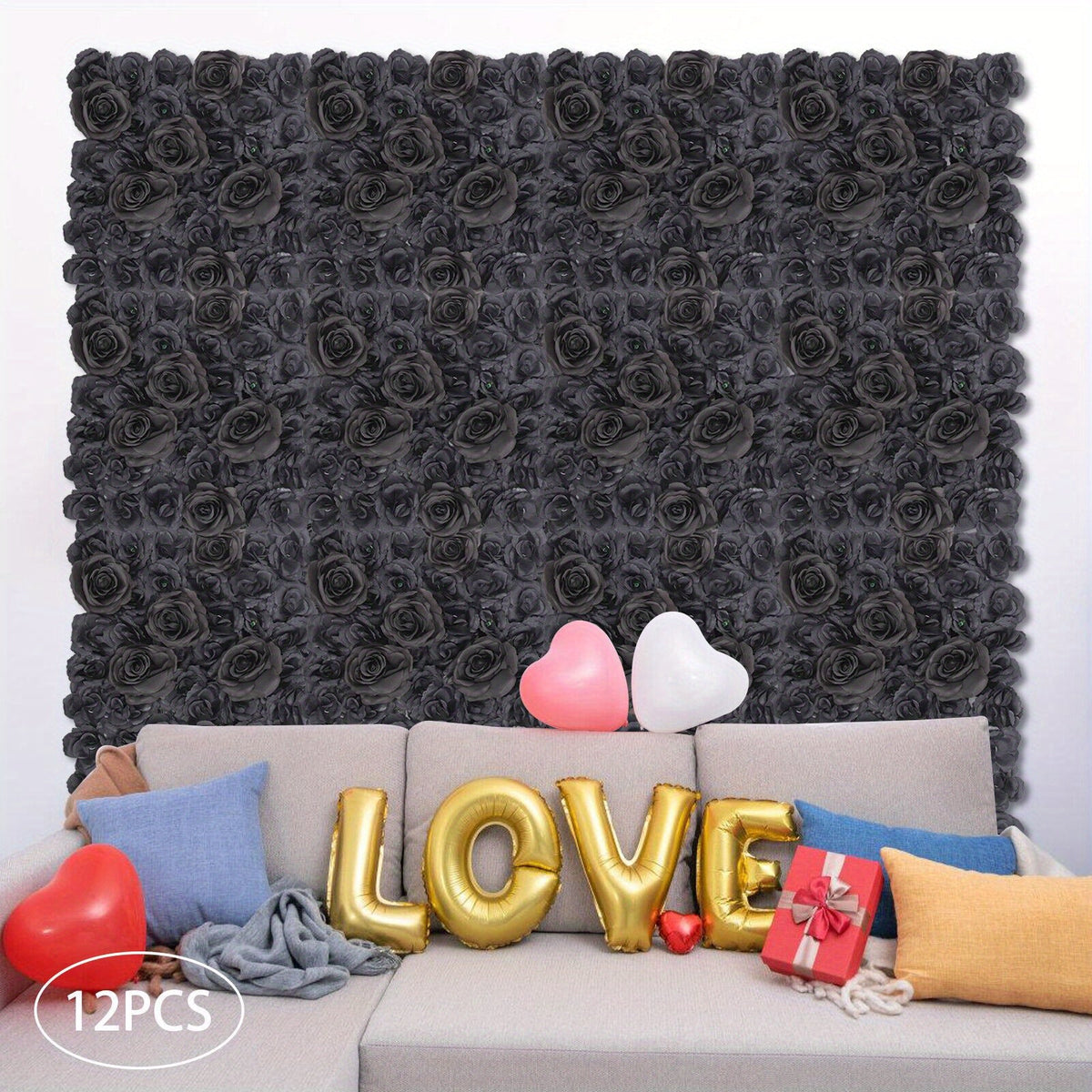 15" X 15" Black Rose Artificial Flower Wall Panels, 12pcs Artificial Flowers Decoration, Artificial Flower Wall Panel, Black Flowers Wall Rose Wall Background, 3D Floral Backdrop Wall Decor