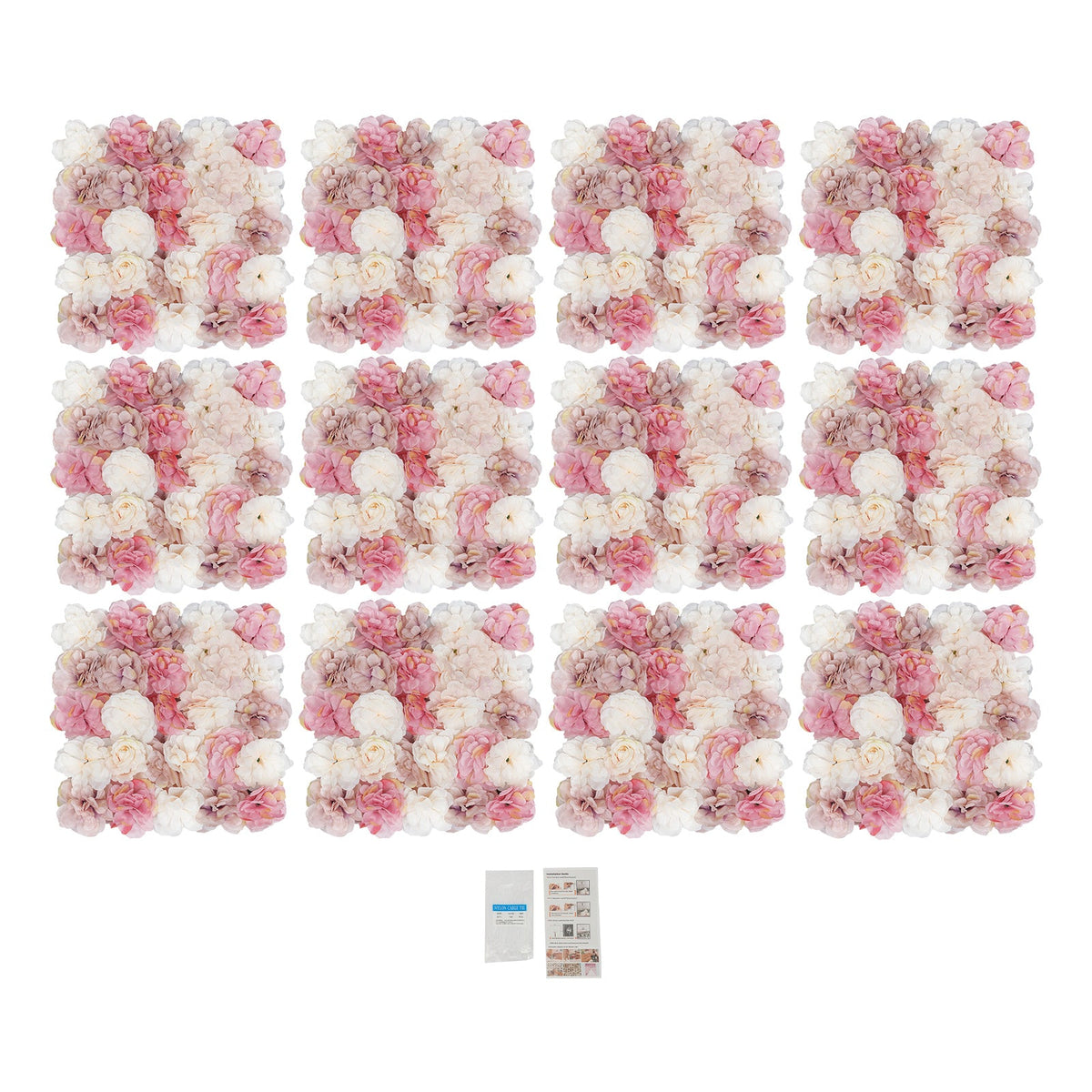 12pcs Pack Panel Artificial Flower Wall Backdrop Suitable for Weddings, Birthdays, Graduation - Hanging Panels with White, Champagne & Pink Blooms, Plastic Floral Panels for Parties, Setup for Decor,