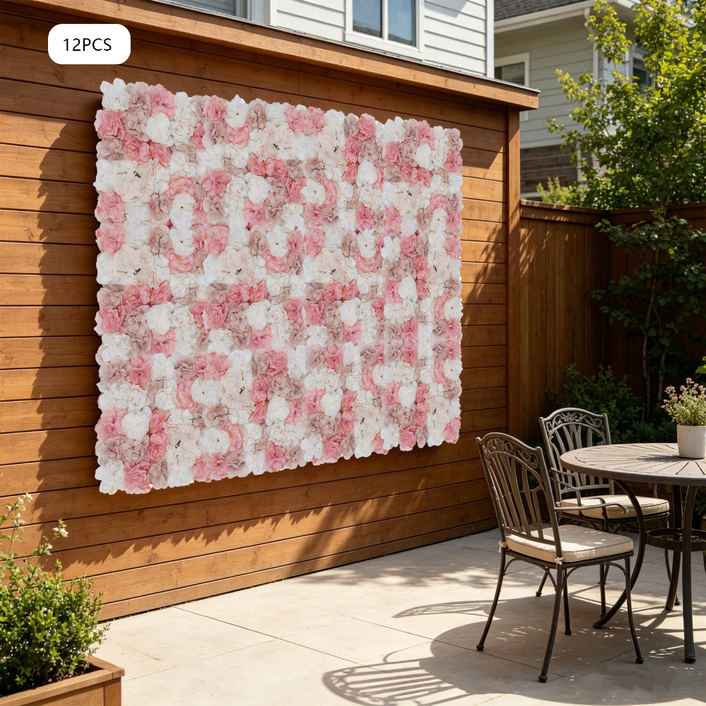 12pcs Pack Panel Artificial Flower Wall Backdrop Suitable for Weddings, Birthdays, Graduation - Hanging Panels with White, Champagne & Pink Blooms, Plastic Floral Panels for Parties, Setup for Decor,