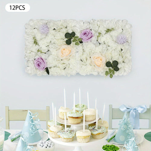 12pcs Artificial Flower Wall Panel, 15" X 15" Silk Rose Wall, 3D Decorative Flower Panels Wall, Shop Photo Backdrop Floral Wall for Wedding Party Stage Baby Shower Decor