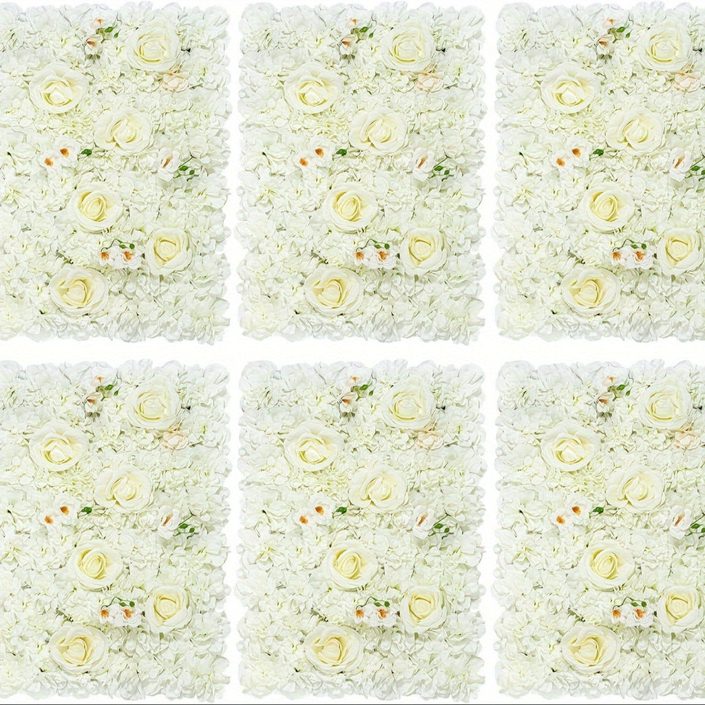 6pcs Artificial White Roses Wall Decor, 15x15 Inch Polyester Flower Panels Backdrops for Wedding, Bridal Shower, Birthday, Anniversary, Seasonal Events - No Electricity Needed, Featherless