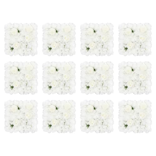 DNYSYSJ Flower Wall 12PCS 23.62"" x 15.75"" x 0.79"" Lifelike Pink & White Hydrangea Artificial Flowers Panel Silk Fabric Floral Wall Mat Rose Flower Wall Backdrop Decors, VUIFGBP4HRP04 - White Rose and Hydrangea / 12 pieces
