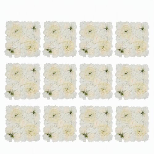 DNYSYSJ Flower Wall 12PCS 23.62"" x 15.75"" x 0.79"" Lifelike Pink & White Hydrangea Artificial Flowers Panel Silk Fabric Floral Wall Mat Rose Flower Wall Backdrop Decors, VUIFGBP4HRP04 - White Cream / 12 PCS