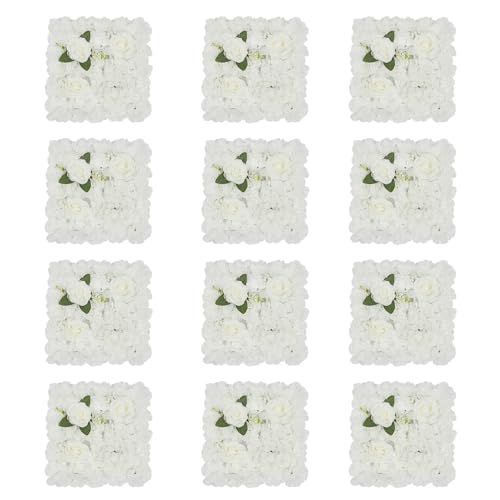 DNYSYSJ Flower Wall 12PCS 23.62"" x 15.75"" x 0.79"" Lifelike Pink & White Hydrangea Artificial Flowers Panel Silk Fabric Floral Wall Mat Rose Flower Wall Backdrop Decors, VUIFGBP4HRP04 - Solid White / 12 PCS