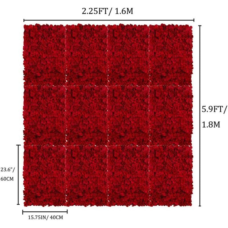 12pcs Flower Wall Panel Backdrop- 24 X 16 Inch Red Wall Decor Artificial Hydrangea Floral Panels for Wedding Party Baby Bridal Shower Christmas Wall Decor- 3D Fake Flower Backdrop Decoration