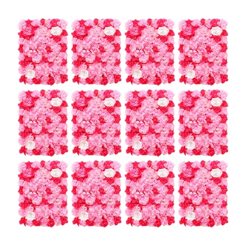 DNYSYSJ Flower Wall 12PCS 23.62"" x 15.75"" x 0.79"" Lifelike Pink & White Hydrangea Artificial Flowers Panel Silk Fabric Floral Wall Mat Rose Flower Wall Backdrop Decors, VUIFGBP4HRP04 - Pink and Red / 12 pieces