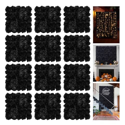 RIDDSEE12pcs Flower Wall Backdrop16.5 x16.5 Artificial Floral Panels-Maroon - Black / 16.5inch