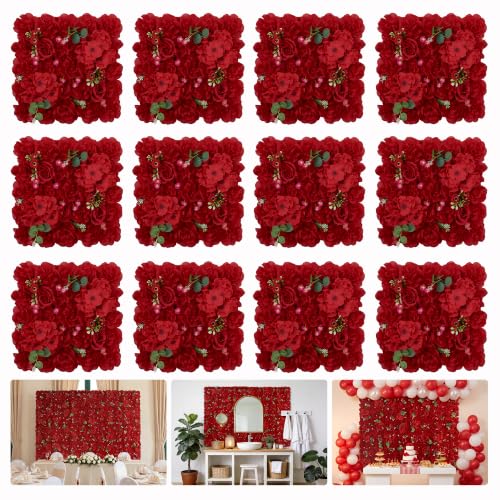 RIDDSEE12pcs Flower Wall Backdrop16.5 x16.5 Artificial Floral Panels-Maroon - Bright Red / 16.5inch