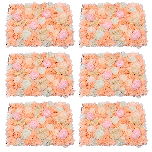 TFCFL 6 Pcs Flower Wall Panels 3D Floral Wall Backdrop Flower Decor, 23.6" X 15.7" Silk Rose Wall Artificial Flower Wall Backdrop Faux Flower Panel for Wedding Party Nursery Photo Background - Dark Champagne