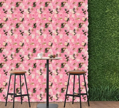 DNYSYSJ Flower Wall 12PCS 23.62"" x 15.75"" x 0.79"" Lifelike Pink & White Hydrangea Artificial Flowers Panel Silk Fabric Floral Wall Mat Rose Flower Wall Backdrop Decors, VUIFGBP4HRP04 - Pink Rose & Greenery / 6 pieces