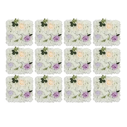 DNYSYSJ Flower Wall 12PCS 23.62"" x 15.75"" x 0.79"" Lifelike Pink & White Hydrangea Artificial Flowers Panel Silk Fabric Floral Wall Mat Rose Flower Wall Backdrop Decors, VUIFGBP4HRP04 - White Purple Champagne Rose / 12 pieces
