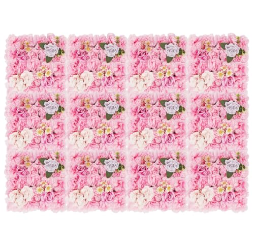 DNYSYSJ Flower Wall 12PCS 23.62"" x 15.75"" x 0.79"" Lifelike Pink & White Hydrangea Artificial Flowers Panel Silk Fabric Floral Wall Mat Rose Flower Wall Backdrop Decors, VUIFGBP4HRP04 - Soft Blush Pink / 12 PCS
