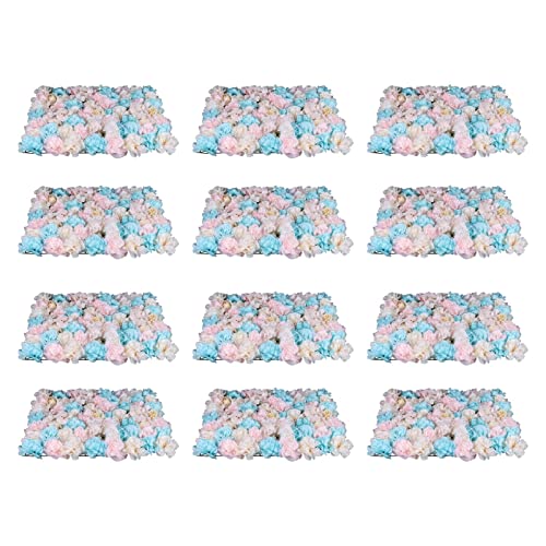 DNYSYSJ Flower Wall 12PCS 23.62"" x 15.75"" x 0.79"" Lifelike Pink & White Hydrangea Artificial Flowers Panel Silk Fabric Floral Wall Mat Rose Flower Wall Backdrop Decors, VUIFGBP4HRP04 - Pink and Blue / 12 pieces