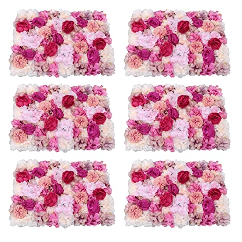 TFCFL 6 Pcs Flower Wall Panels 3D Floral Wall Backdrop Flower Decor, 23.6" X 15.7" Silk Rose Wall Artificial Flower Wall Backdrop Faux Flower Panel for Wedding Party Nursery Photo Background - Fuchsia
