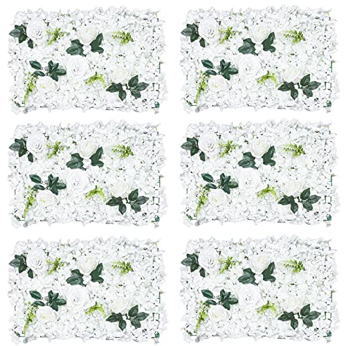 DNYSYSJ Flower Wall 12PCS 23.62"" x 15.75"" x 0.79"" Lifelike Pink & White Hydrangea Artificial Flowers Panel Silk Fabric Floral Wall Mat Rose Flower Wall Backdrop Decors, VUIFGBP4HRP04 - White Rose & Green Eucalyptus / 6 pieces