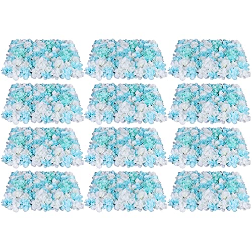 DNYSYSJ Flower Wall 12PCS 23.62"" x 15.75"" x 0.79"" Lifelike Pink & White Hydrangea Artificial Flowers Panel Silk Fabric Floral Wall Mat Rose Flower Wall Backdrop Decors, VUIFGBP4HRP04 - Blue and White / 12 pieces
