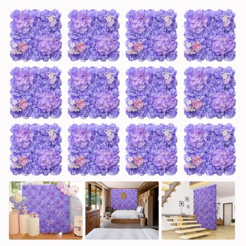 RIDDSEE12pcs Flower Wall Backdrop16.5 x16.5 Artificial Floral Panels-Maroon - Purple / 16.5inch