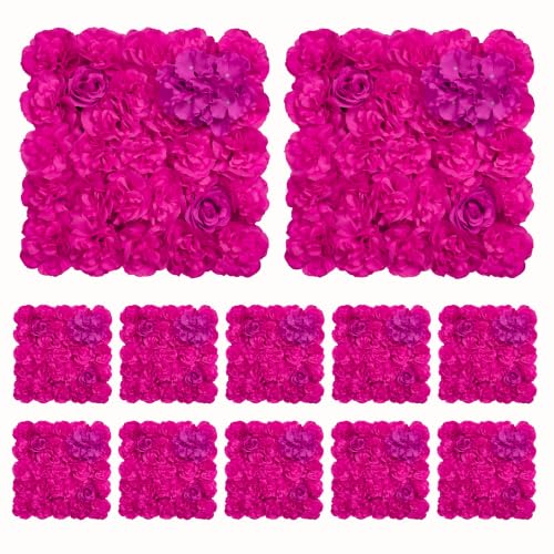 RIDDSEE12pcs Flower Wall Backdrop16.5 x16.5 Artificial Floral Panels-Maroon - Bright Pink / 16.5inch