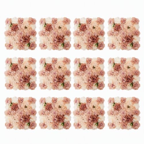 DNYSYSJ Flower Wall 12PCS 23.62"" x 15.75"" x 0.79"" Lifelike Pink & White Hydrangea Artificial Flowers Panel Silk Fabric Floral Wall Mat Rose Flower Wall Backdrop Decors, VUIFGBP4HRP04 - Dusty Blush / 12 PCS