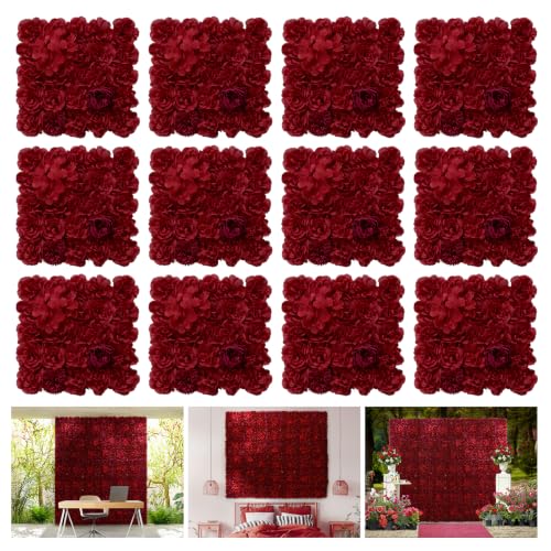 RIDDSEE12pcs Flower Wall Backdrop16.5 x16.5 Artificial Floral Panels-Maroon - Maroon / 16.5inch