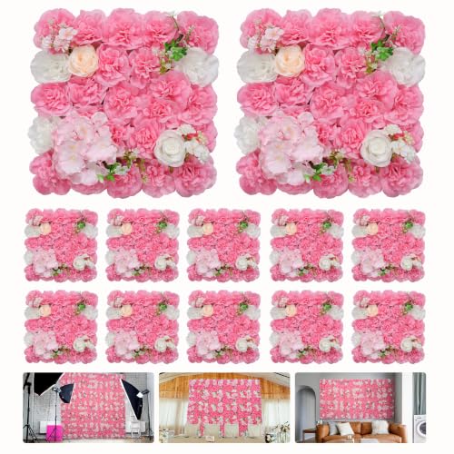 RIDDSEE12pcs Flower Wall Backdrop16.5 x16.5 Artificial Floral Panels-Maroon - Rose Pink / 16.5inch