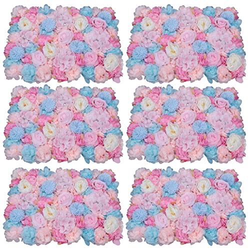 DNYSYSJ Flower Wall 12PCS 23.62"" x 15.75"" x 0.79"" Lifelike Pink & White Hydrangea Artificial Flowers Panel Silk Fabric Floral Wall Mat Rose Flower Wall Backdrop Decors, VUIFGBP4HRP04 - Blue,pink,rose,white / 6 pieces