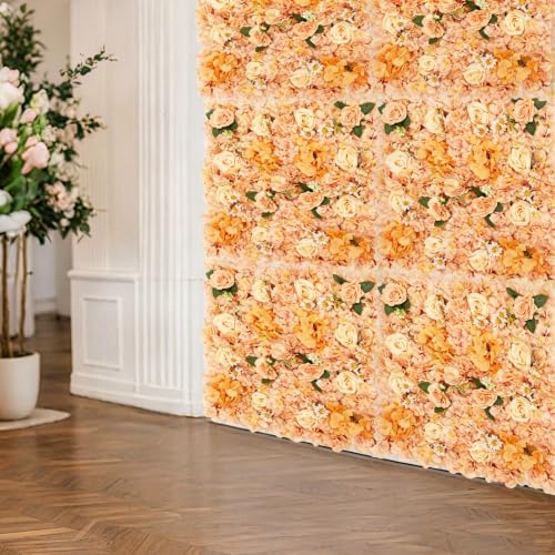 DNYSYSJ Flower Wall 12PCS 23.62"" x 15.75"" x 0.79"" Lifelike Pink & White Hydrangea Artificial Flowers Panel Silk Fabric Floral Wall Mat Rose Flower Wall Backdrop Decors, VUIFGBP4HRP04 - Champagne Blush Peach / 12 PCS
