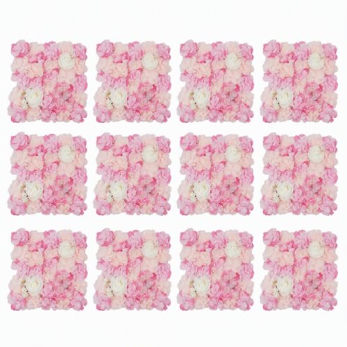 DNYSYSJ Flower Wall 12PCS 23.62"" x 15.75"" x 0.79"" Lifelike Pink & White Hydrangea Artificial Flowers Panel Silk Fabric Floral Wall Mat Rose Flower Wall Backdrop Decors, VUIFGBP4HRP04 - Gradient Blush Pink / 12 PCS