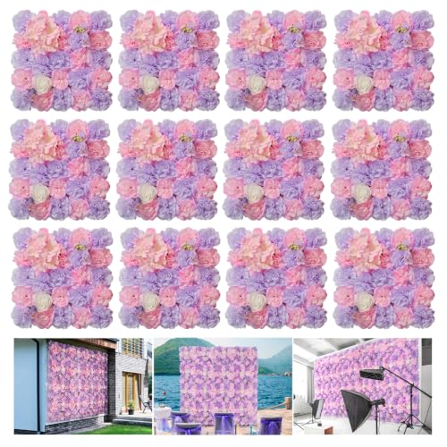 RIDDSEE12pcs Flower Wall Backdrop16.5 x16.5 Artificial Floral Panels-Maroon - Pink and Purple / 16.5inch