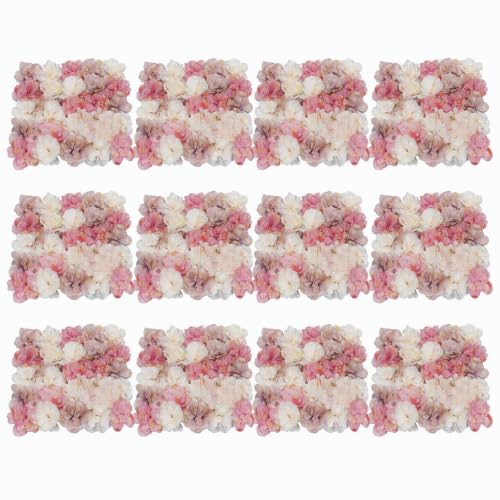 DNYSYSJ Flower Wall 12PCS 23.62"" x 15.75"" x 0.79"" Lifelike Pink & White Hydrangea Artificial Flowers Panel Silk Fabric Floral Wall Mat Rose Flower Wall Backdrop Decors, VUIFGBP4HRP04 - Dusty Pink and Champagne Ivory / 12 PCS