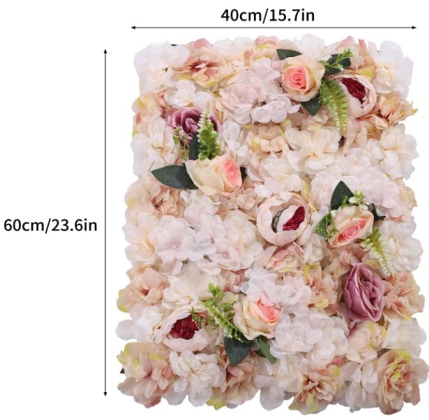 Flower Wall Panel Floral Backdrop, Artificial Pink and Yellow Flower Wall Decor Set, 3D Silk Rose Floral Panel, for Wedding, Party, Home Decoration, Photo Background 24 * 16in Set of 6