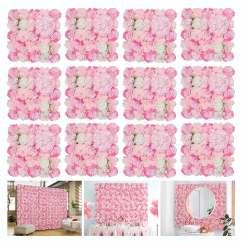 RIDDSEE12pcs Flower Wall Backdrop16.5 x16.5 Artificial Floral Panels-Maroon - Pink / 16.5inch