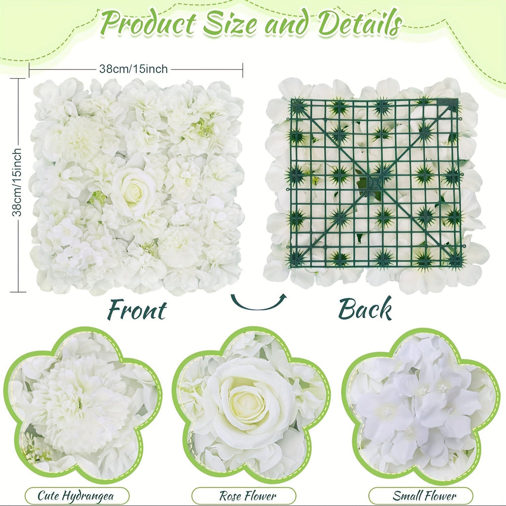 6pcs Artificial White Roses Wall Decor, 15x15 Inch Polyester Flower Panels Backdrops for Wedding, Bridal Shower, Birthday, Anniversary, Seasonal Events - No Electricity Needed, Featherless