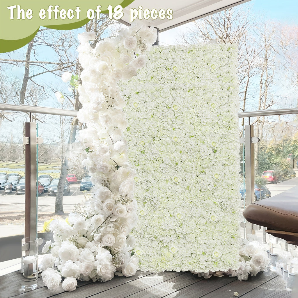 18-Pack 3D White Rose Artificial Flower Wall Panels, 15x15 Inch Polyester Floral Backdrop Boards for Wedding, Bridal Party, Event Decorations - Versatile Seasonal Decor Without Electricity