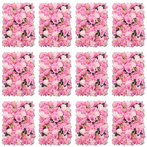Flower Wall Panel Backdrop 12 Pcs 24 x 16 Inch Artificial 3D Silk Dahlia Rose Wall Floral Backdrop for Wedding Party Baby Bridal Shower Decor, Wall Flower Backdrop Decoration (Yellow Pink) - Dark Pink