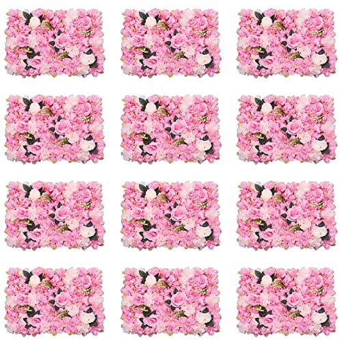 DNYSYSJ Flower Wall 12PCS 23.62"" x 15.75"" x 0.79"" Lifelike Pink & White Hydrangea Artificial Flowers Panel Silk Fabric Floral Wall Mat Rose Flower Wall Backdrop Decors, VUIFGBP4HRP04 - Dark Pink / 12 pieces