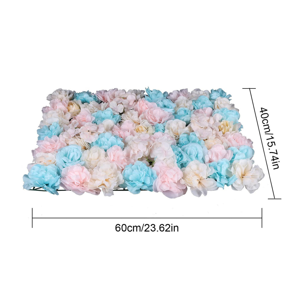 Artificial Flower Wall Screen Panel Floral Backdrop 12Pcs 15.75'' x 23.62'' Light Blue & Peach Pink Silk Flowers for Rose Wall Decor Hair Nail Salon Party Wedding Bridal Shower Baby Shower Backdrop