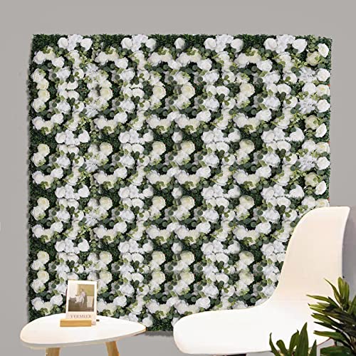 DNYSYSJ Flower Wall 12PCS 23.62"" x 15.75"" x 0.79"" Lifelike Pink & White Hydrangea Artificial Flowers Panel Silk Fabric Floral Wall Mat Rose Flower Wall Backdrop Decors, VUIFGBP4HRP04 - White Rose & Greeneryy / 6 pieces