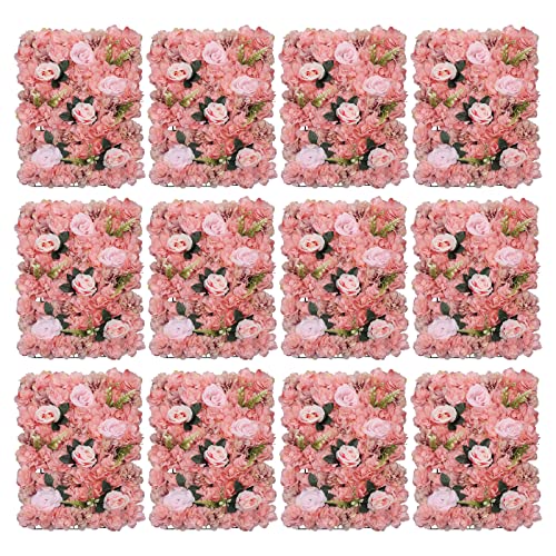 DNYSYSJ Flower Wall 12PCS 23.62"" x 15.75"" x 0.79"" Lifelike Pink & White Hydrangea Artificial Flowers Panel Silk Fabric Floral Wall Mat Rose Flower Wall Backdrop Decors, VUIFGBP4HRP04 - Pink Roses Dahlia / 12 pieces