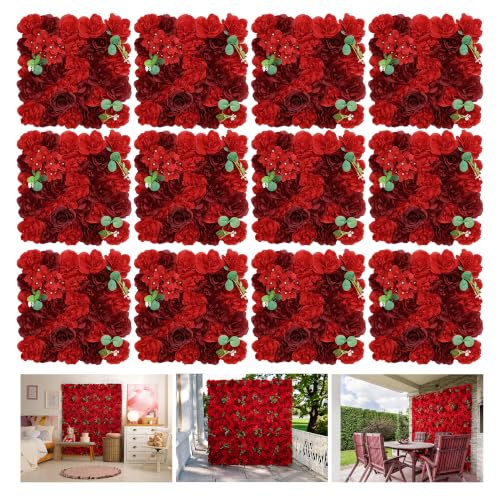 RIDDSEE12pcs Flower Wall Backdrop16.5 x16.5 Artificial Floral Panels-Maroon - Red / 16.5inch