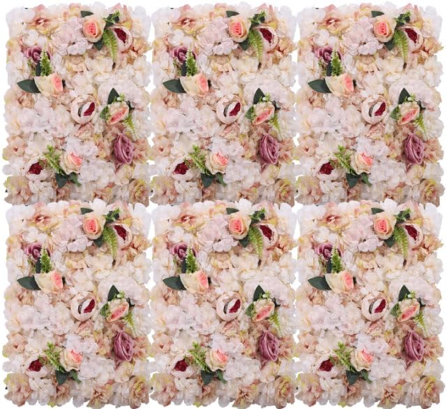 Flower Wall Panel Floral Backdrop, Artificial Pink and Yellow Flower Wall Decor Set, 3D Silk Rose Floral Panel, for Wedding, Party, Home Decoration, Photo Background 24 * 16in Set of 6