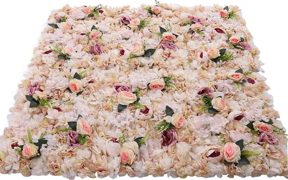 Flower Wall Panel Floral Backdrop, Artificial Pink and Yellow Flower Wall Decor Set, 3D Silk Rose Floral Panel, for Wedding, Party, Home Decoration, Photo Background 24 * 16in Set of 6