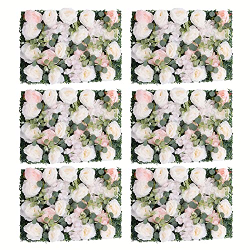 DNYSYSJ Flower Wall 12PCS 23.62"" x 15.75"" x 0.79"" Lifelike Pink & White Hydrangea Artificial Flowers Panel Silk Fabric Floral Wall Mat Rose Flower Wall Backdrop Decors, VUIFGBP4HRP04 - Champagne White Greenery / 6 pieces