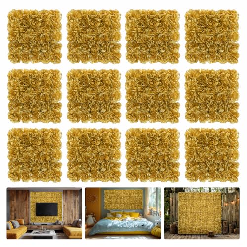 RIDDSEE12pcs Flower Wall Backdrop16.5 x16.5 Artificial Floral Panels-Maroon - Gold / 16.5inch