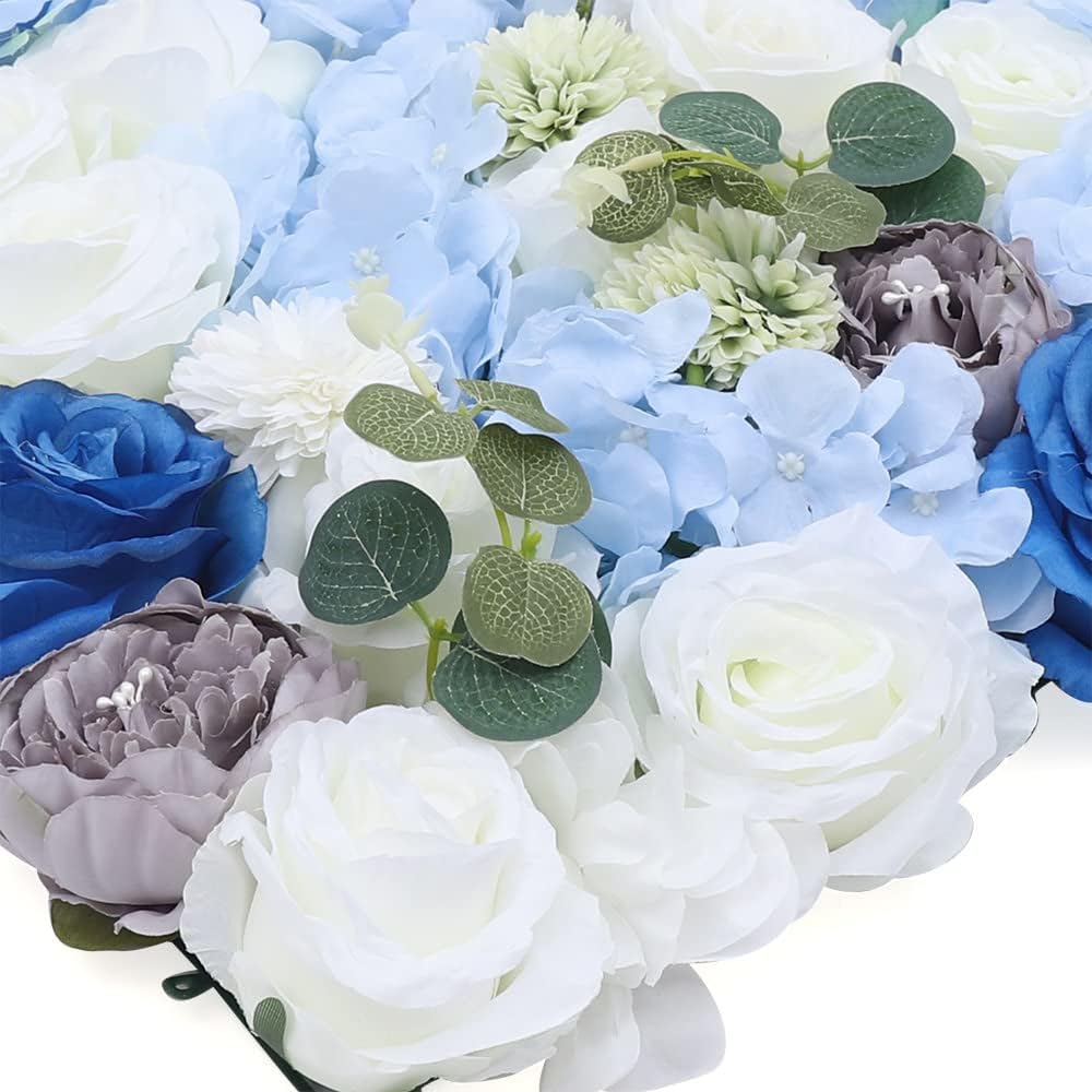 6 Pcs Artificial Flowers Wall Blue and White Romantic Flower Wall for Background Decoration Silk Flower Roses Hanging Wall Panel