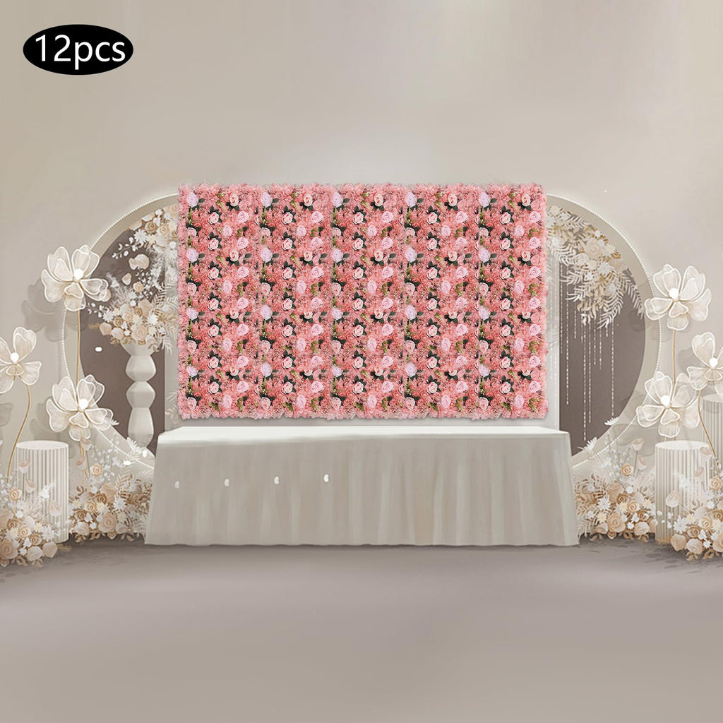 Artificial Flower Wall Backdrop 12Pcs Floral Wall Panels Artificial Flower Backdrop Pink Floral Background Rose Decoration for Wedding, Birthday, Festive, Home Decor, 23.62×5.74 Inch