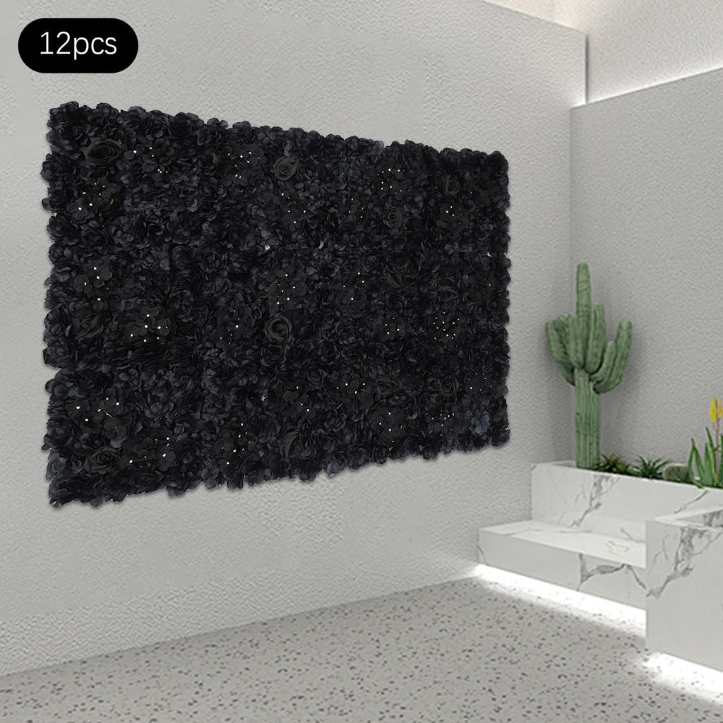 12pcs Artificial Flower Wall Panel 15 * 15inches Black Rose 3D Handmade Faux Flower Floral Wall Décor Backdrop Gothic Style for Wedding Birthday Halloween Bachelorette Party Wall Decoration