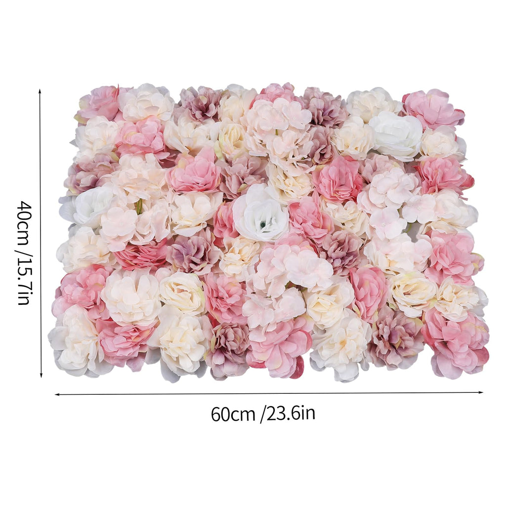 12Pcs Artificial Wall Flower Backdrop, 24" X 16" Flowers Wall Panel, 3D Decoration Silk Rose Hydrangea Wall Mat for Garden, Outdoor, Indoor, Party, Wedding and Photo Backdrop Decor