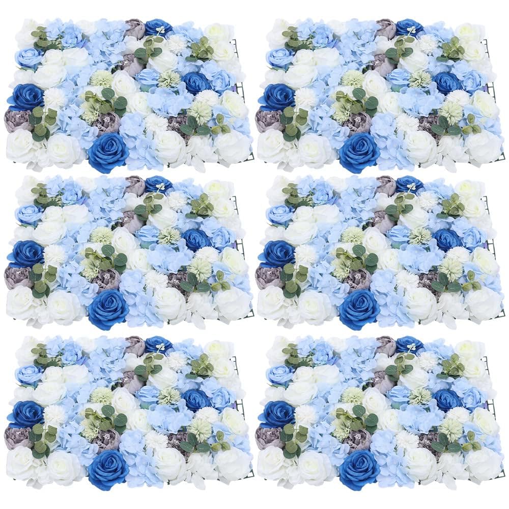 6 Pcs Artificial Flowers Wall Blue and White Romantic Flower Wall for Background Decoration Silk Flower Roses Hanging Wall Panel